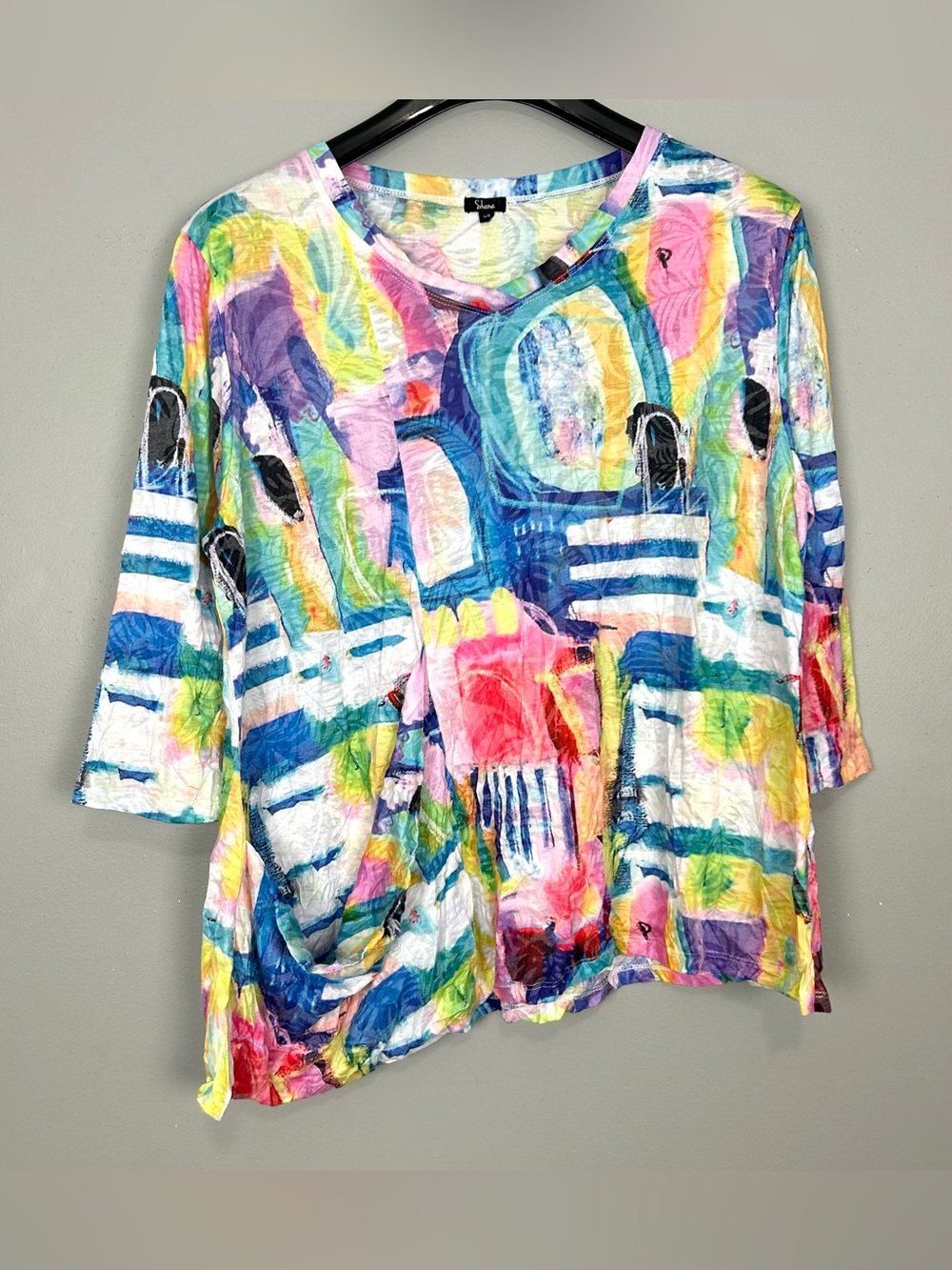 Shana Colorful Art Crinkle Knit Top Women’s Size L Abstract Stretch Knit Pocket